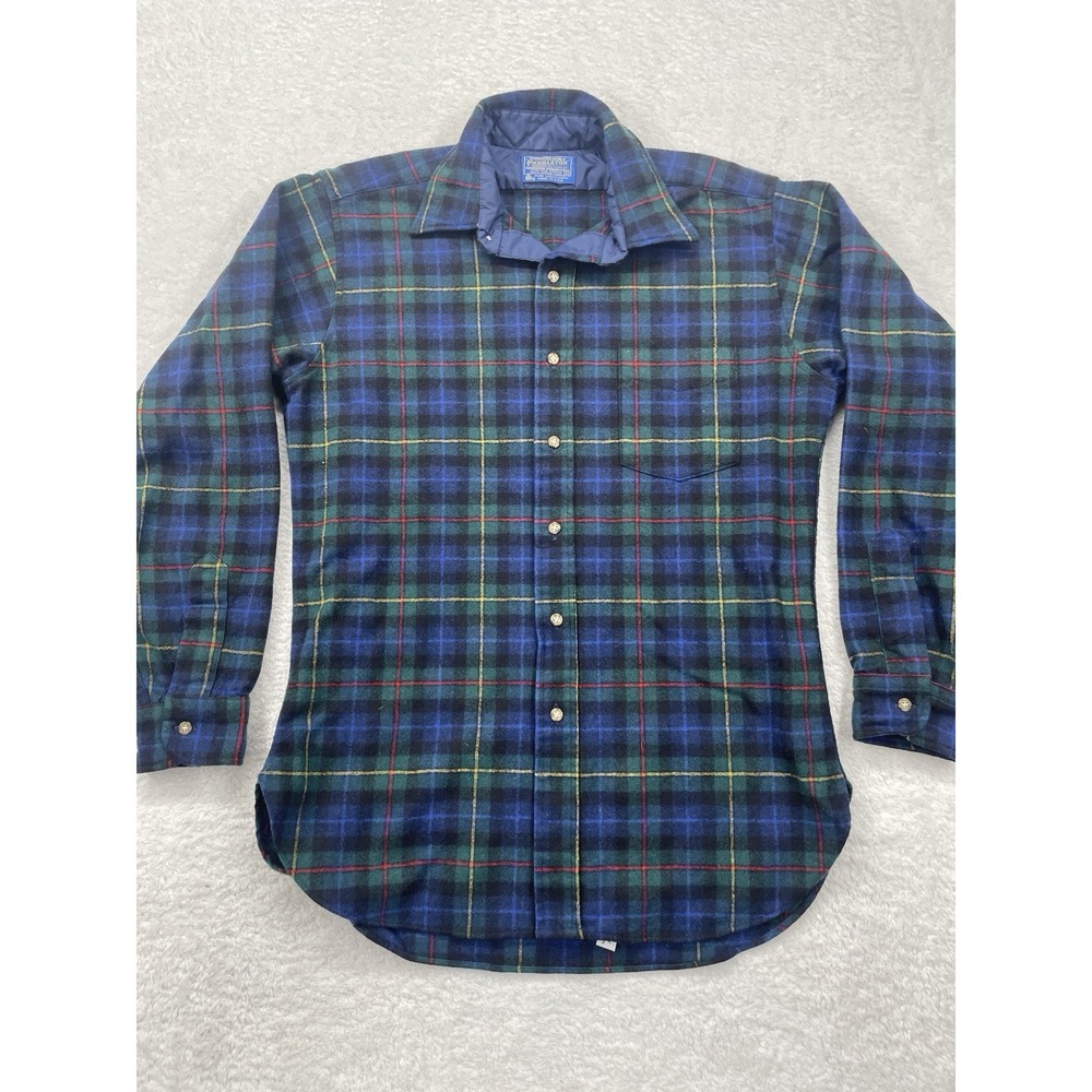 Vintage Pendleton Shirt Mens Medium‎ Green Plaid Wool Flannel Blue Button Up USA